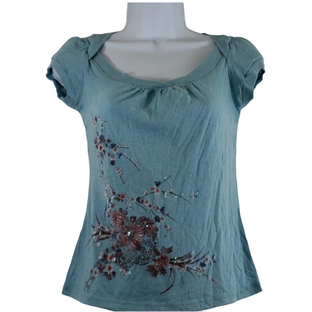 Hailee Light Blue Tee with Flowers and Bling XS